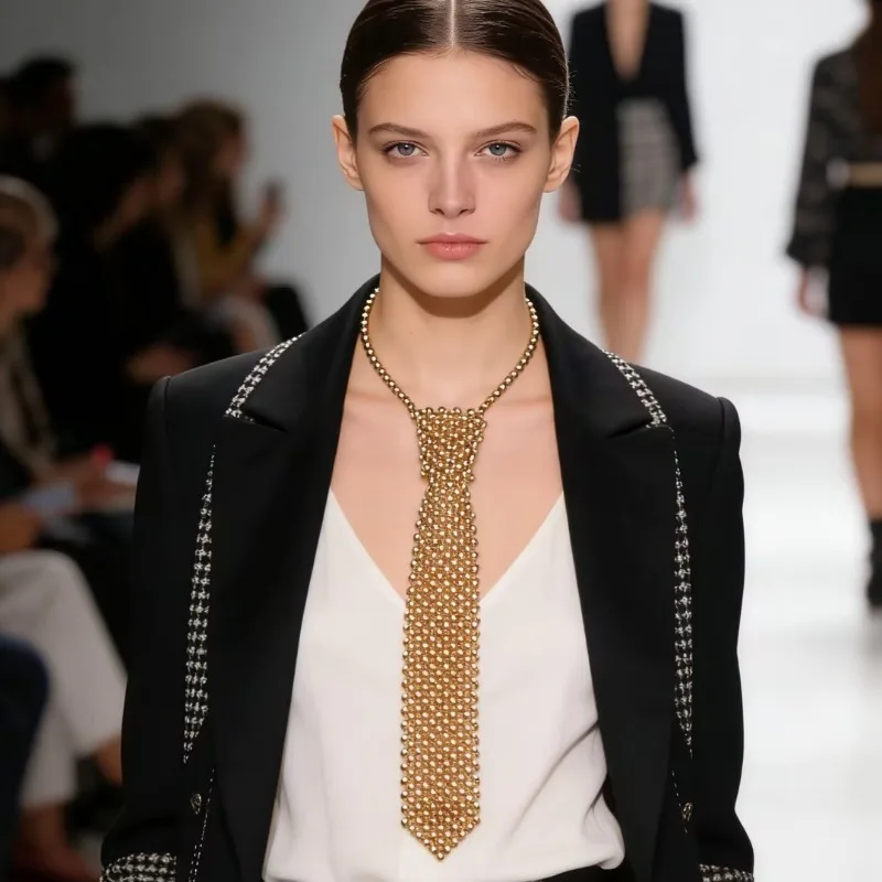 Hand-Made Beaded Necklace Golden Accessory Stylish Luxury Runway Model Jewelry