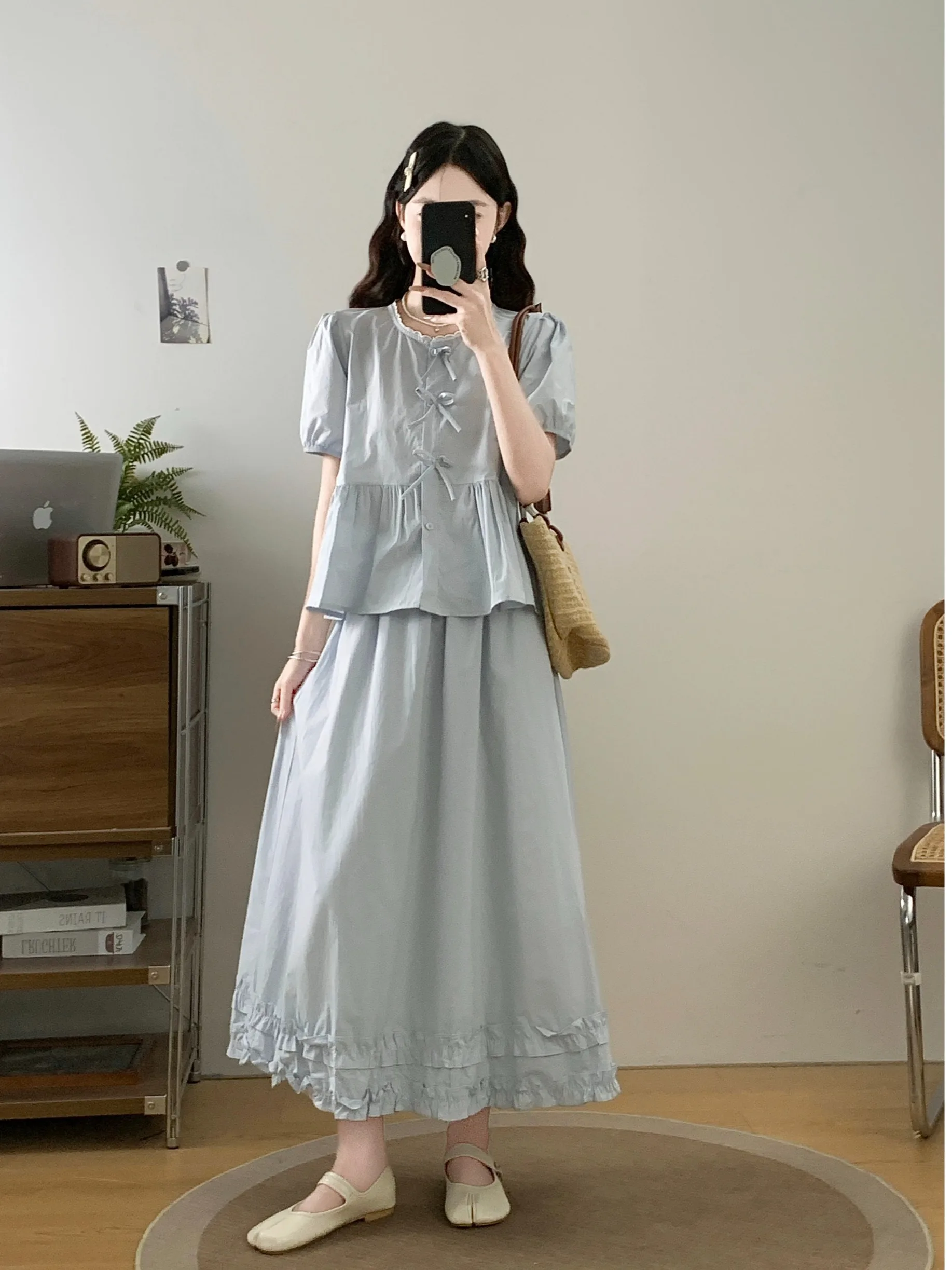 

Sweet Style Knot Loose Short Sleeve Shirt Women's Summer New High Waist Gingham Skirt Fashionable plus Size Set