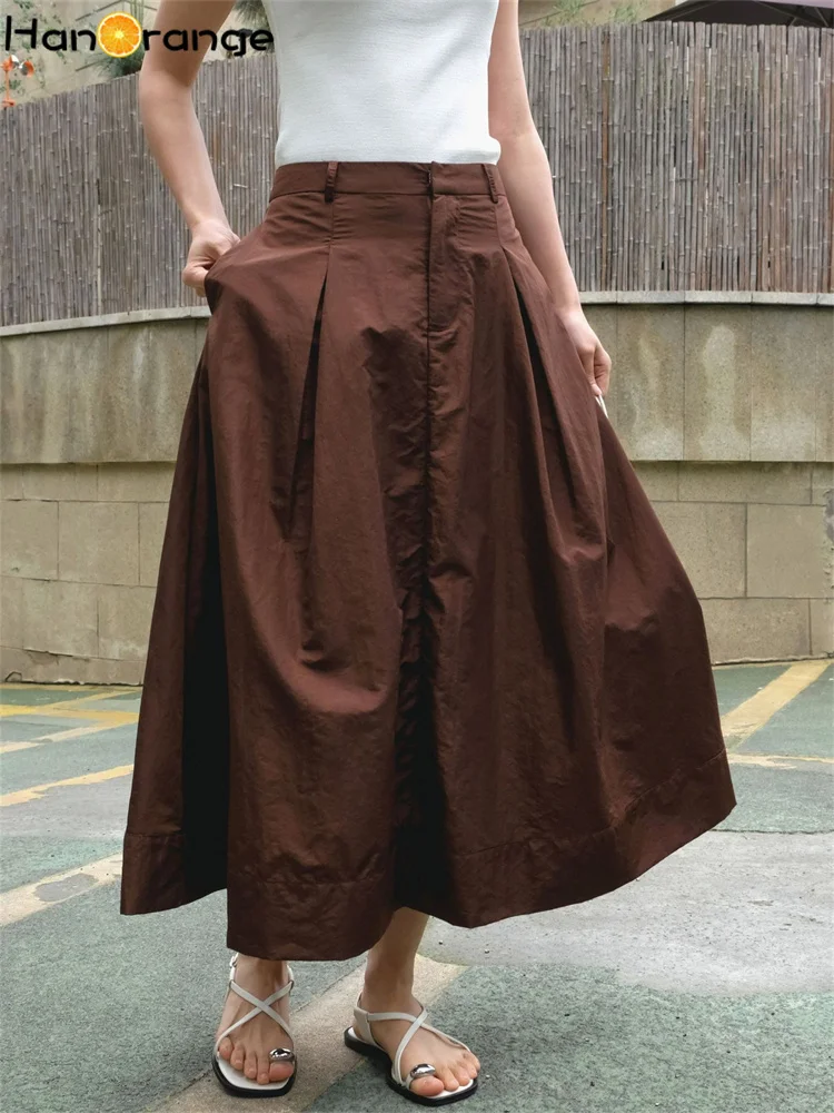 

HanOrange 2024 Summer Romantic Gloss High Waist Umbrella Skirt A-line Long Smooth Nylon Skirt Vintage Coffee/Blue Purple