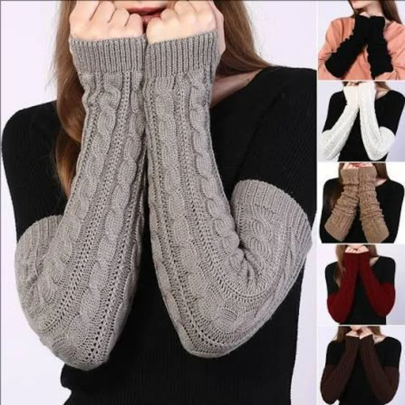 Korean Thick Knitted Arm Warmers Gloves Women's Long Fingerless Gloves Cable Pattern Full Arm Sleeves Winter Warm