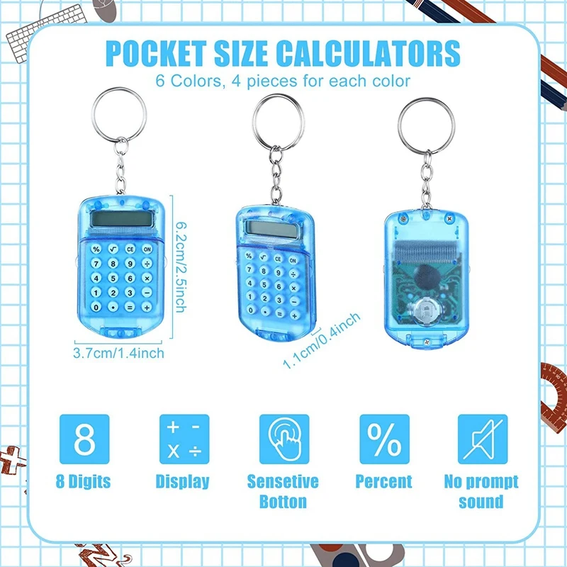 24 Pcs Pocket Calculator Mini Calculator Key Ring For Kids Mini Clear Flip Portable Calculator 8 Digit Electronic Calculator