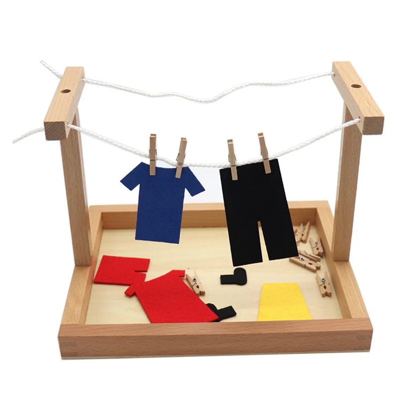 Early Education Life Teaching Wooden DIY Mini Simulation Clothes Drying Frame Clothes Suit Training Toy