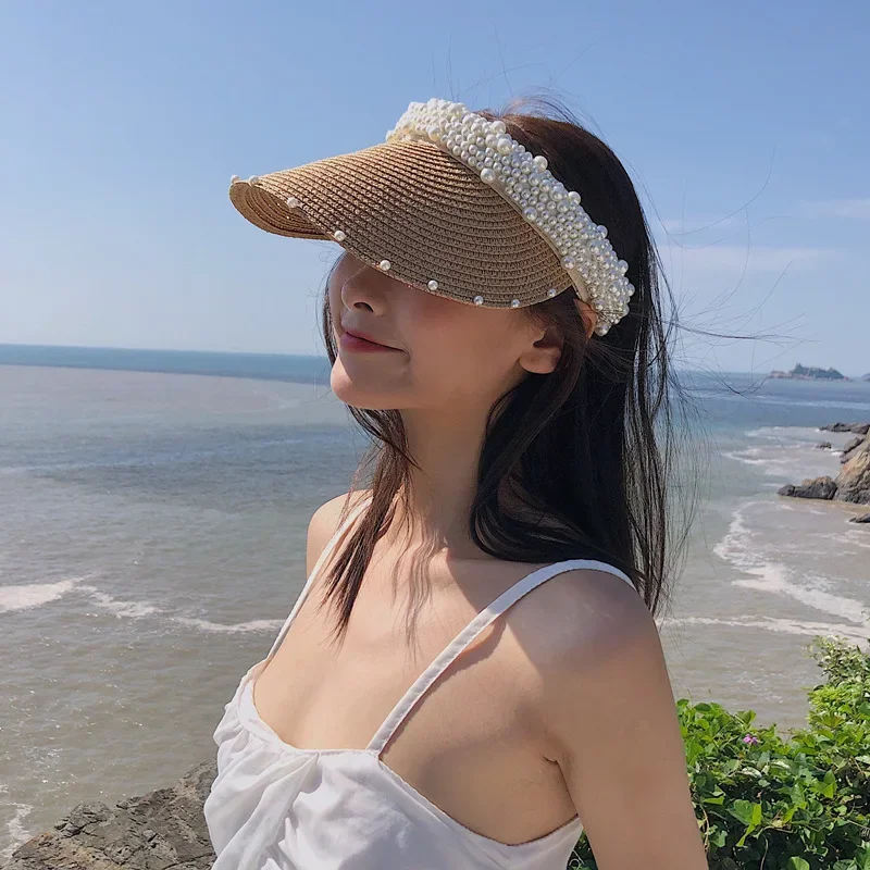 

Brand Oohmy Women Girls Sun Visor Hat Wide Brim Straw Beach Caps Adjustable Summer UV Protection Faux Pearls for Travel