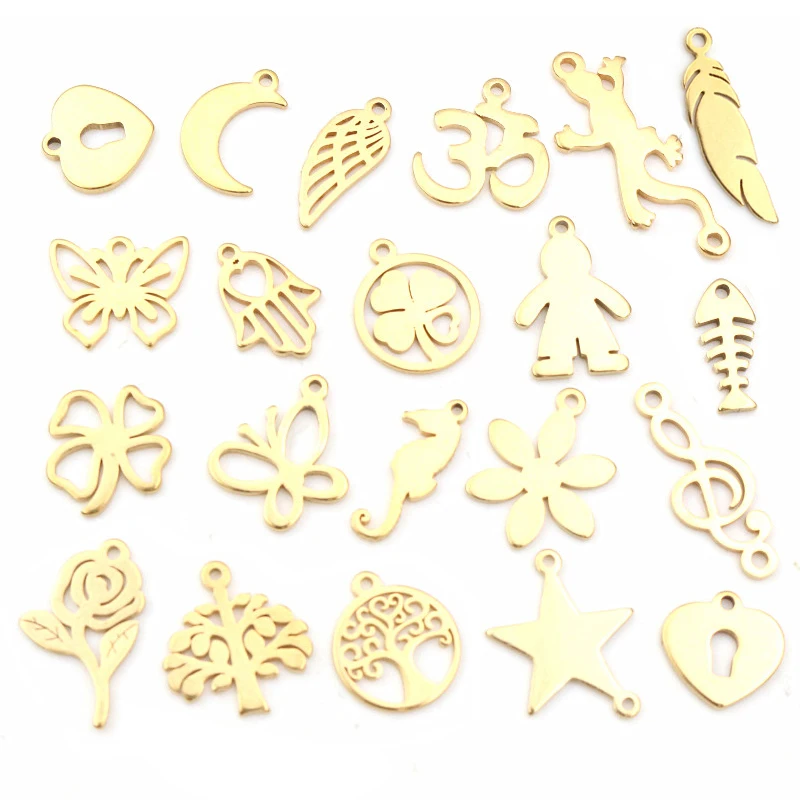 10pcs/lot  316 Stainless Steel Gold Plated Tree Moon Butterfly Small Charms Pendant For Necklace DIY Jewelry Making