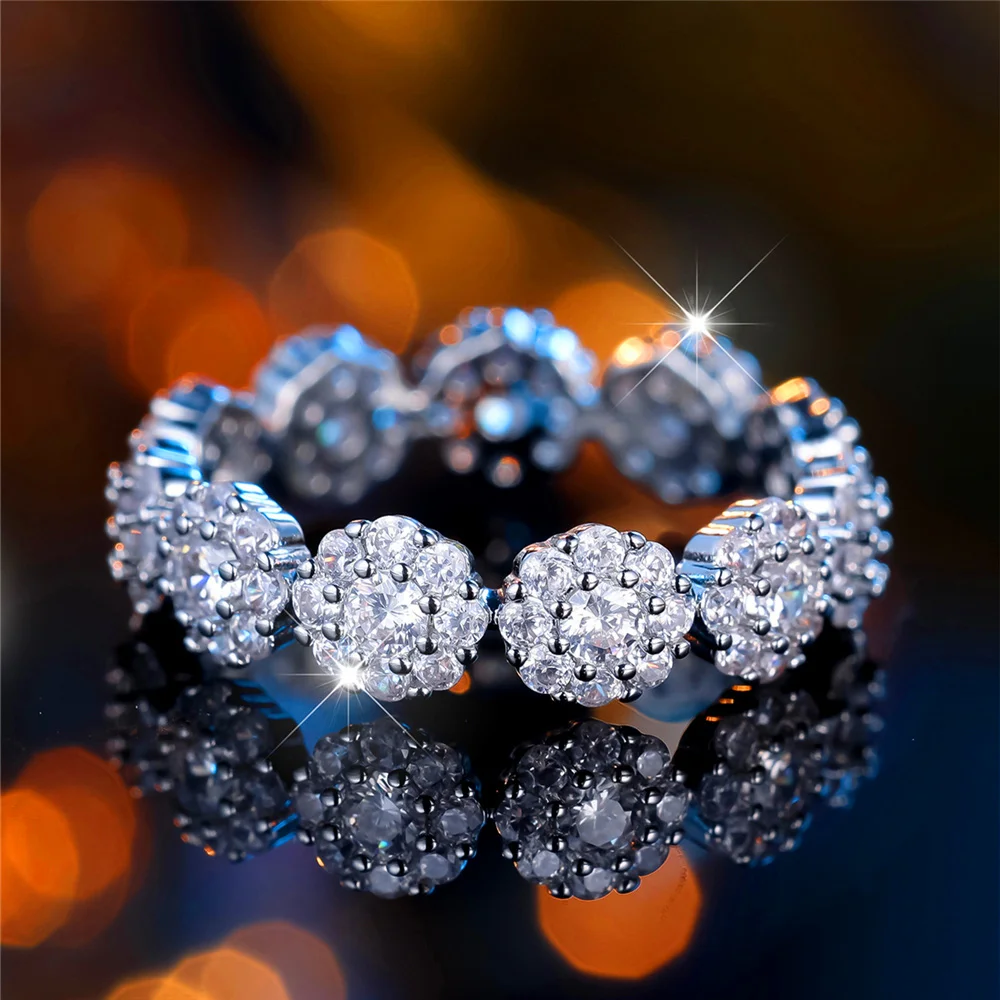 Charm Female White Zircon Stone Round Ring Vintage Rose Gold Silver Color Wedding Band Jewelry For Women