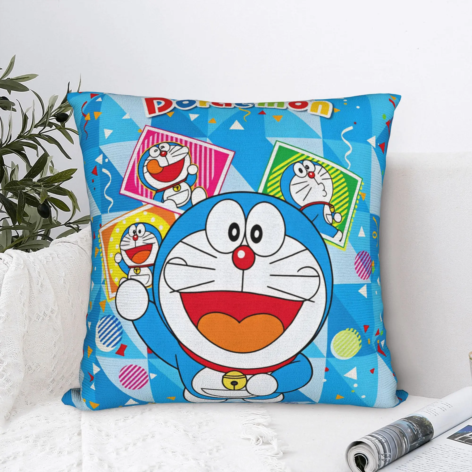 Modern Doraemon Cat Shaped Robot Cushion Cover Velvet Geometric Blue Triangles Throw Pillow Case Decoration