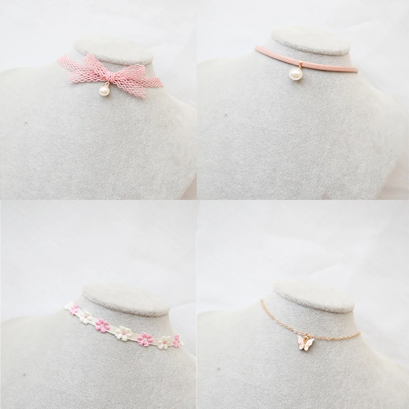 Fashion Choker Necklace For Women Lovely Pink Lace Pearl Heart Pendant Short Clavicle Necklace Aesthetic Jewelry Gift For Her