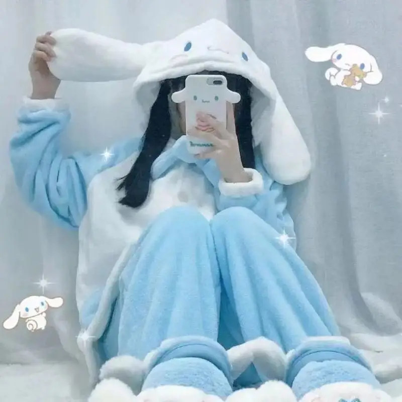 2-teiliger Sanrio Cinnamoroll Kapuzen-Pyjama für Damen, Winter-Dickere Coral-Fleece Warme Nachthemden, Weiche Mädchen-Schlafanzüge, Süße Hauskleidung, Geschenk