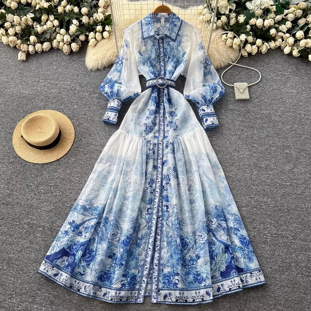 

Summer Autumn Holiday Floral Maxi Chiffon Dresses Shirt Women's Lapel Lantern Long Sleeve Belt Print Loose Vestidos Maxi Robe