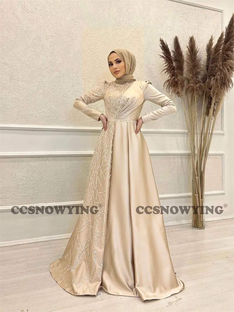 Muslim Satin Beaded Sequin Long Sleeve Hijab Evening Dresses Arabic Dubai Islamic High Neck Formal Party Gown Robe De Soiree