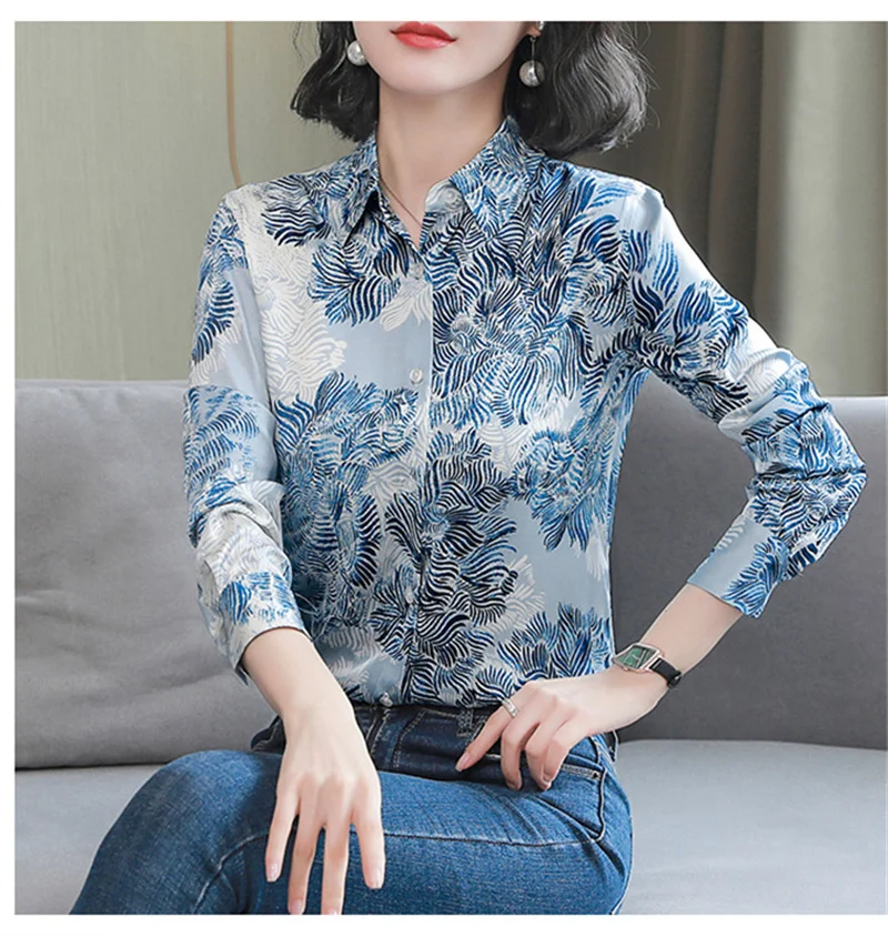 FANIECES S-4XL Plus Size Blouse Shirt For Women Spring Summer Long Sleeve Button Blue Print Blusas Mujer Shirt Tops 6385