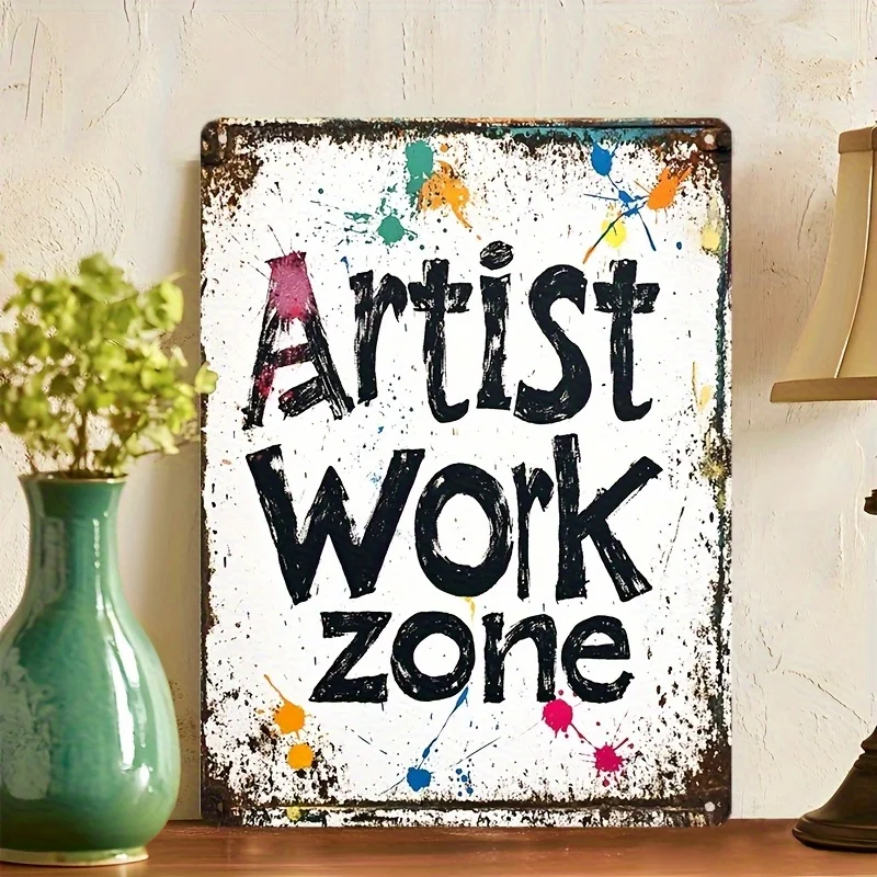 2D Flat, Vintage Artist Workspace Metal Sign - Rustic Tin Wall Art with Weathered Typography & Colorful Paint Splatter Design, 2