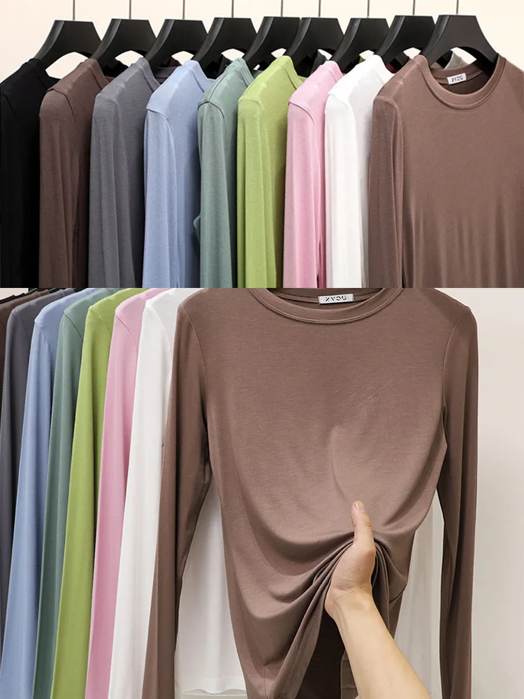 Modal Solid Basic T-shirt O Hals Lange Mouwen Dames Herfst Dieptepunt Tee Tops Alle match T-shirt ondershirt