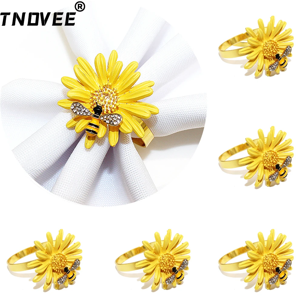 6 Stücke Blume Biene Serviettenringe Metall Gänseblümchen Blume Serviettenhalter Gold Serviettenschnallen für Hochzeit Herbst Party Home Tischdekoration ERD14 – Detail 1