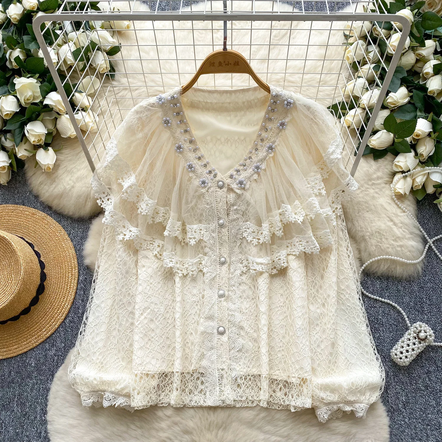 

French Sweet Palace Style Diamond V-neck Mesh Lotus Leaf Edge Splicing Long Sleeves Single Breasted Lace Top