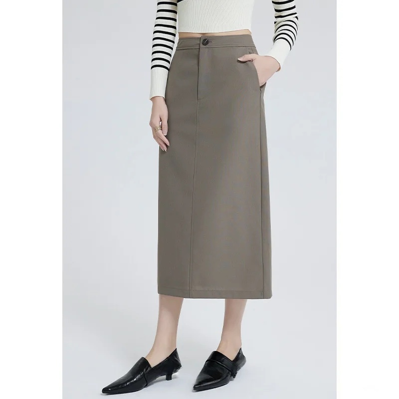 

JANEON Slimming Suit Sle f-length Skirt High Waist A-Line Wool Blend Bodycon Split Pure Color Spring Faion