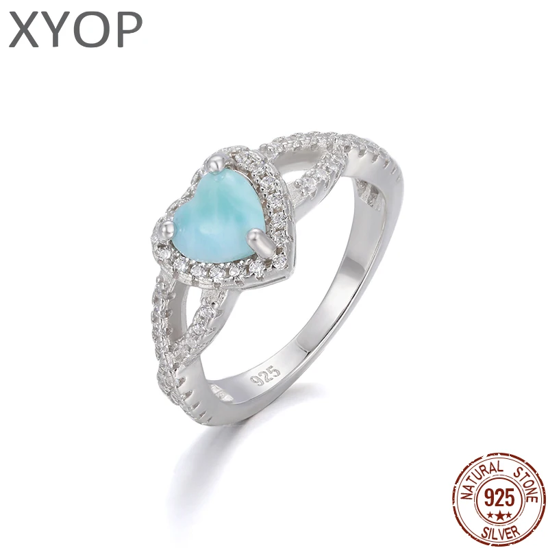 925 Sterling Silver Natural Stone Larimar Proposal Ring Women Design Classic Simple Female Wedding LOVE Diamond Jewelry Dating