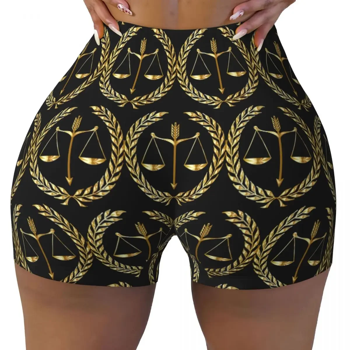 Custom Gold Scales Of Justice Law Logo Lawyer Legal Party Women Gym Workout Running Shorts Athletic Volleyball Biker Yoga Shorts