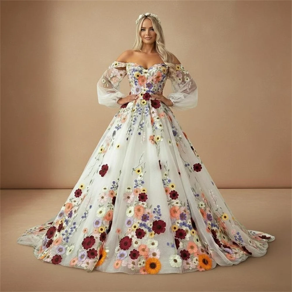 Sansa Custom Off Shoulder Sheer Long Sleeve Colorful Floral Tulle Prom Dress A Line Sweep Train Formal Evening Homecoming Gown