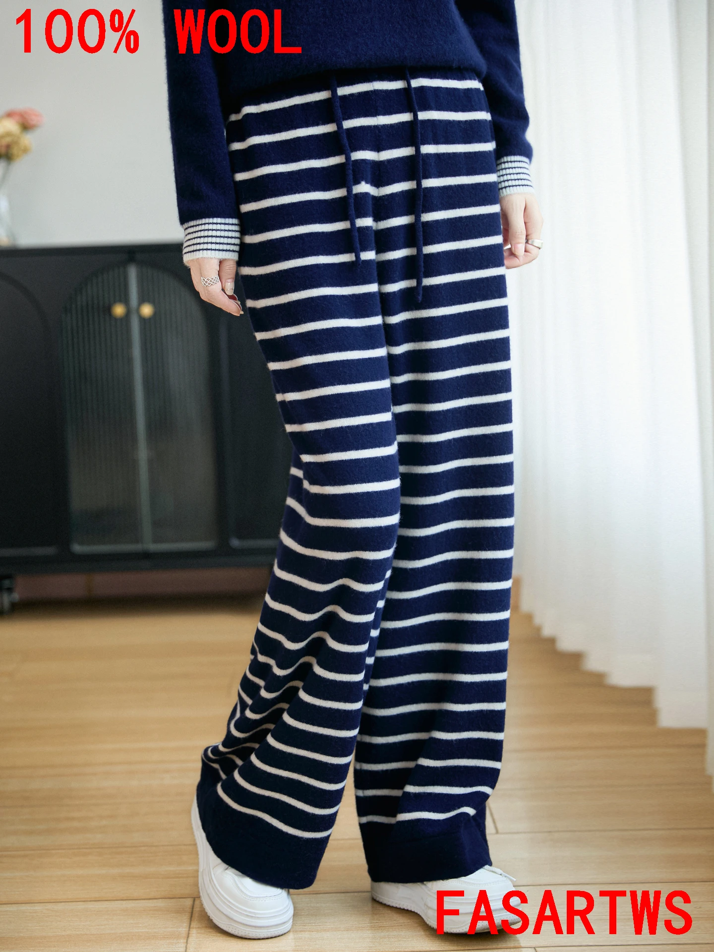 

100% AustralianStriped Pants Women Pants Straight-leg Pants Comfortable Soft Autumn Winter High-grade Fashion Knit Leisure Style