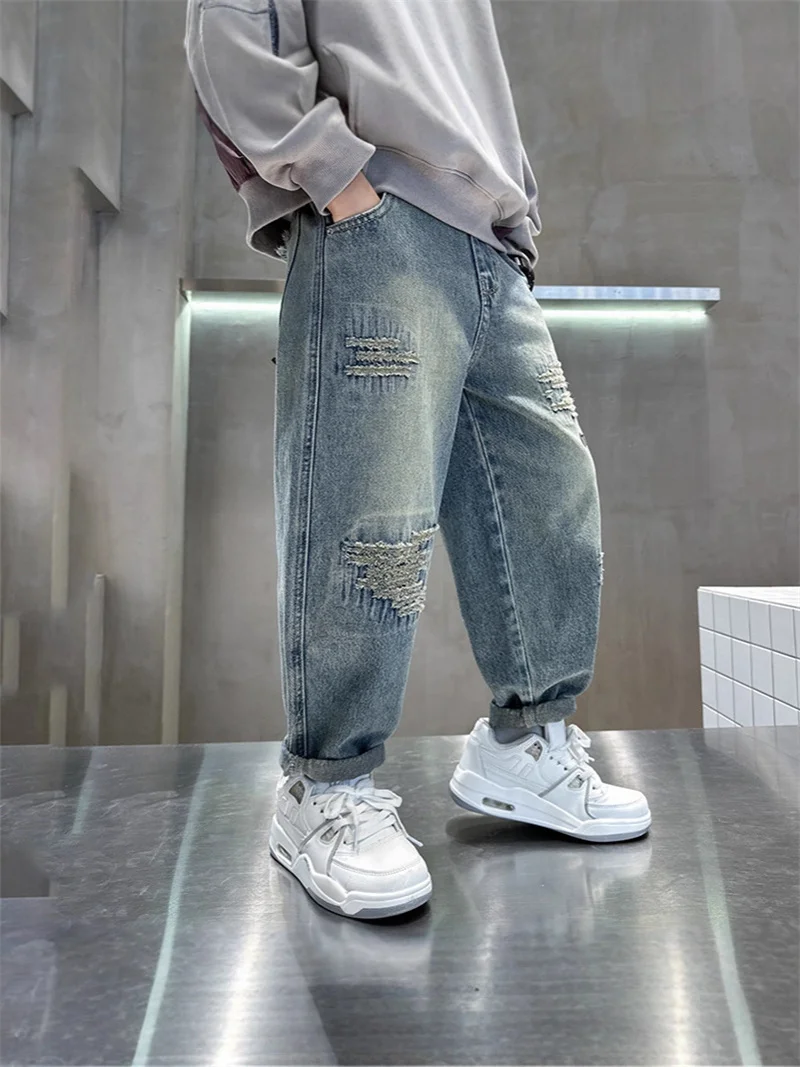 Herbst-Jungen-Jeanshosen Kinder Lose Denim-Hosen Teenager Mode Frühling Baggy Freizeithosen Kinderbekleidung 4-12 Jahre – Detail 4