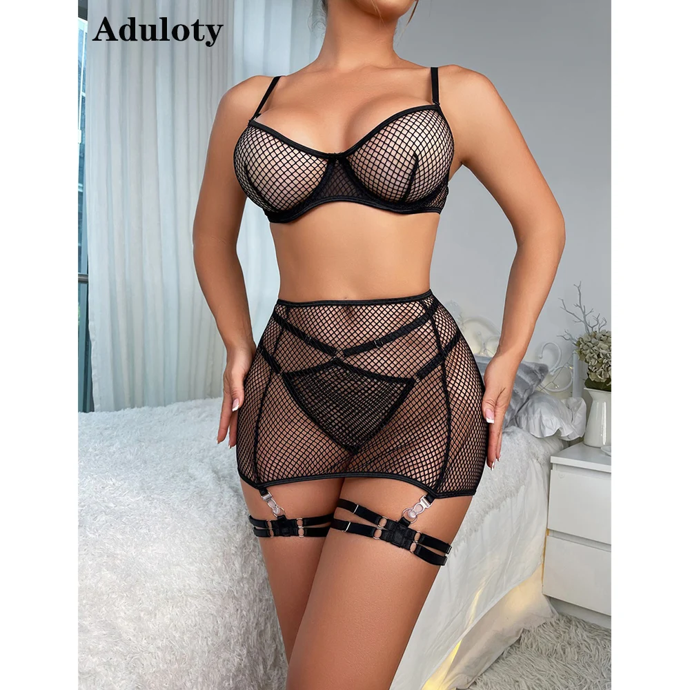 

Aduloty Women Sexy Underwear Mesh Hollow Out Perspective Erotic Lingerie Hip Wrap Short Skirt Garter Leg Ring Temptation Bra Set