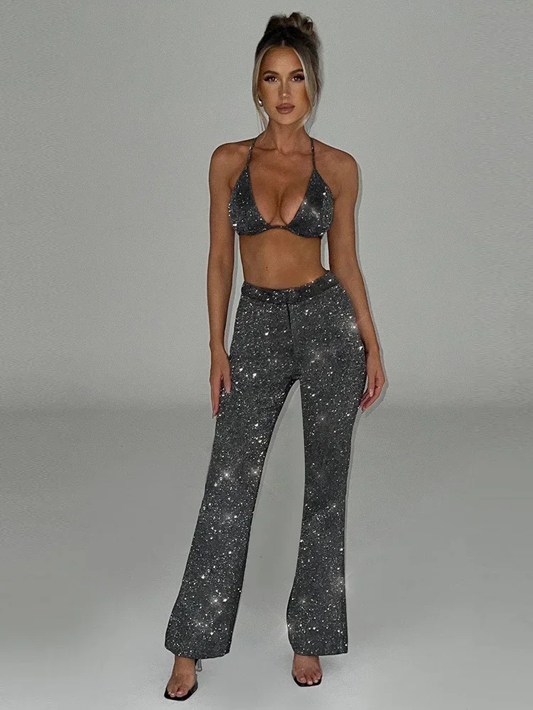 Women\'s Three Piece Pants Set Sexy Sparkle Long Sleeve Blazer + Bra + Trousers Suit Glitter Jackets Long Pants Set Party Evening