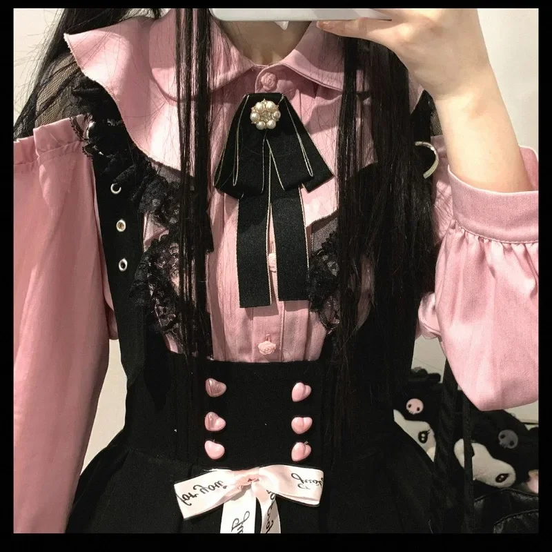 High Street Fashion Streetwear Blusas Y2k Bowknot Lace Hollow Out Patchwork Sweet Kawaii Blouses Single-breasted Vintage Shirts