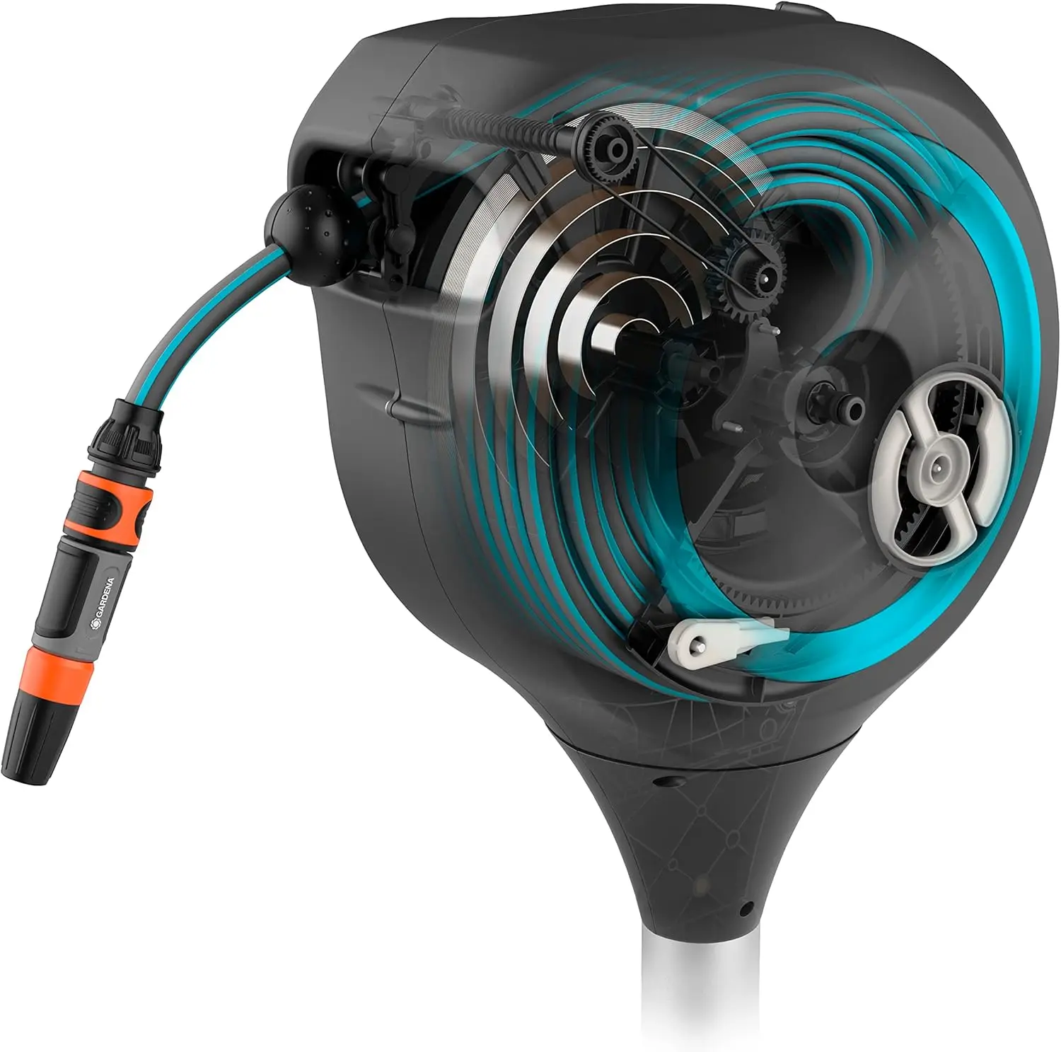 Gardena 66' Ft Auto Retractable Hose Reel on Metal Spike, Feet, Standard, Turquoise 360 degree rotation