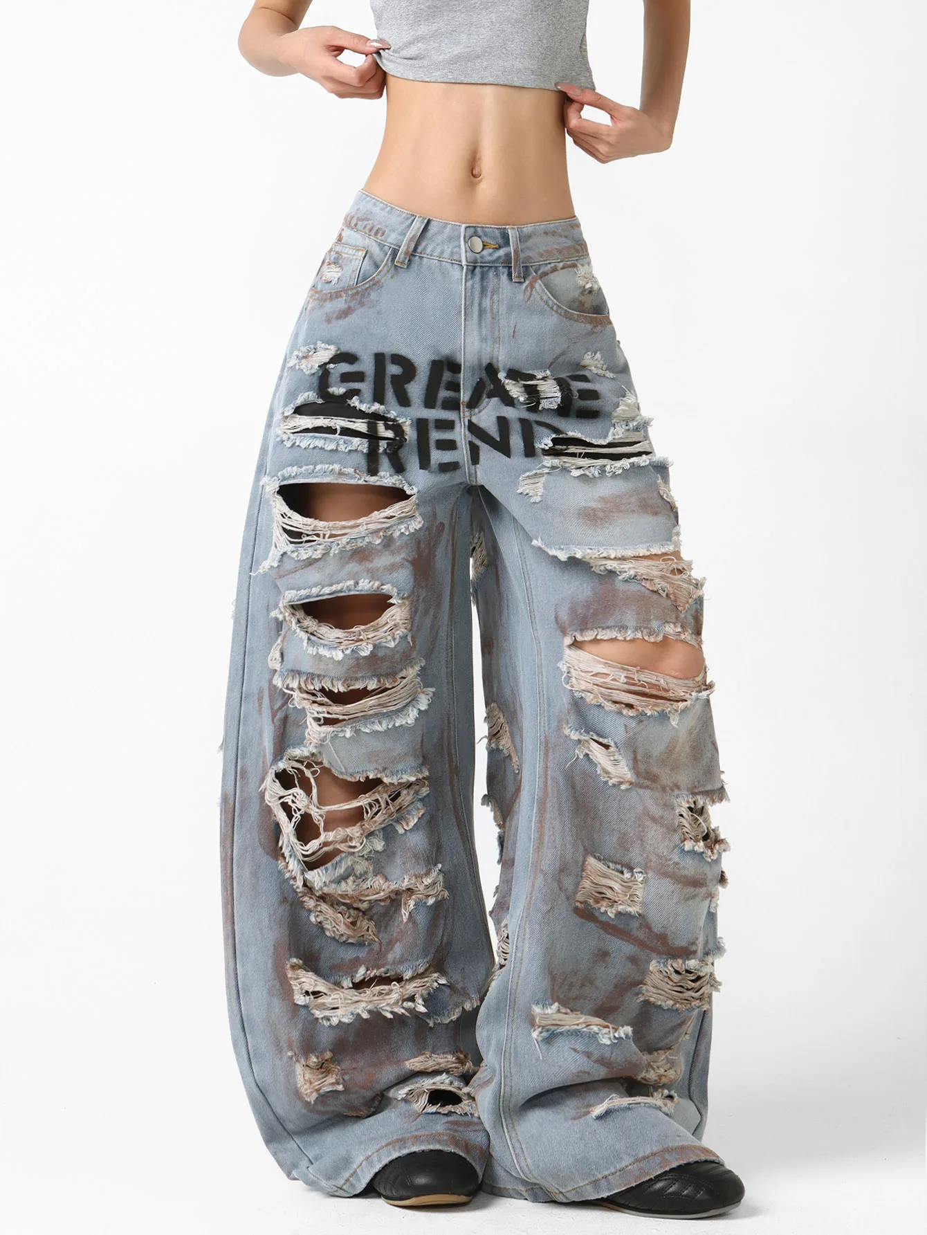 Women Spring Autumn Mid Waist Wide Leg American Street Jeans Heavy Ripped Raw Edge Spray Letter Print Wear-resistant Denim Pants