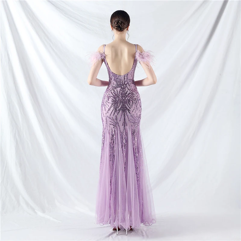 ملابس الصيف النسائية السباغيتي حزام ريشة الترتر شبكة مثير العميق الخامس الرقبة عارية الذراعين مساء حفلة كوكتيل حفلة موسيقية فستان طويل #3