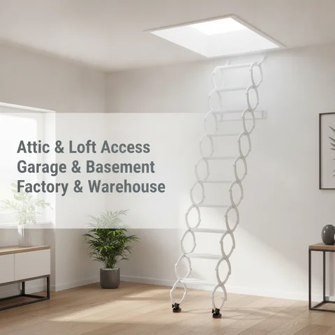 Wall Mounted Folding Ladder, 8 Steps Telescoping Retractable Stair, 440lbs Heavy Duty Steel Attic Loft Ladder for Garage, Basement, Warehouse