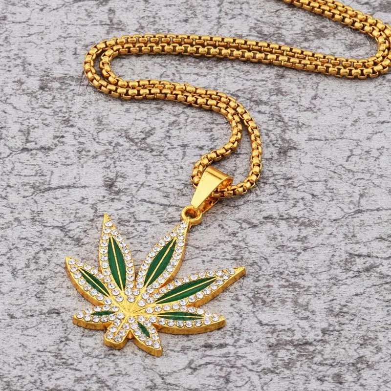 Rhinestone Weed Pendant Necklace Men Maple Leaf Necklaces Gold Color Chains for Boys Women Steampunk Jewelry Accessories Gift view 2