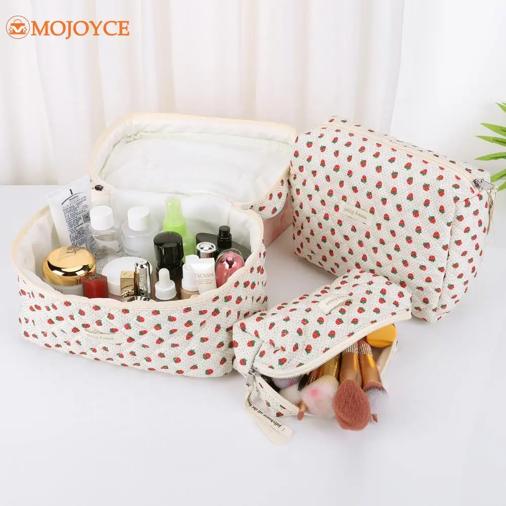 3Pcs Quilted Cotton Storage Bags Vintage Pencil Case Soft Fabric Travel Makeup Bags Girls Cosmetic Bag Ladies Print Toiletry Bag