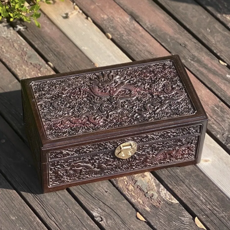 Red Acid Branch Jewelry Box Vintage Redwood Dragon and Phoenix Jewelry Storage Box Solid Wood Handmade Box with Lock