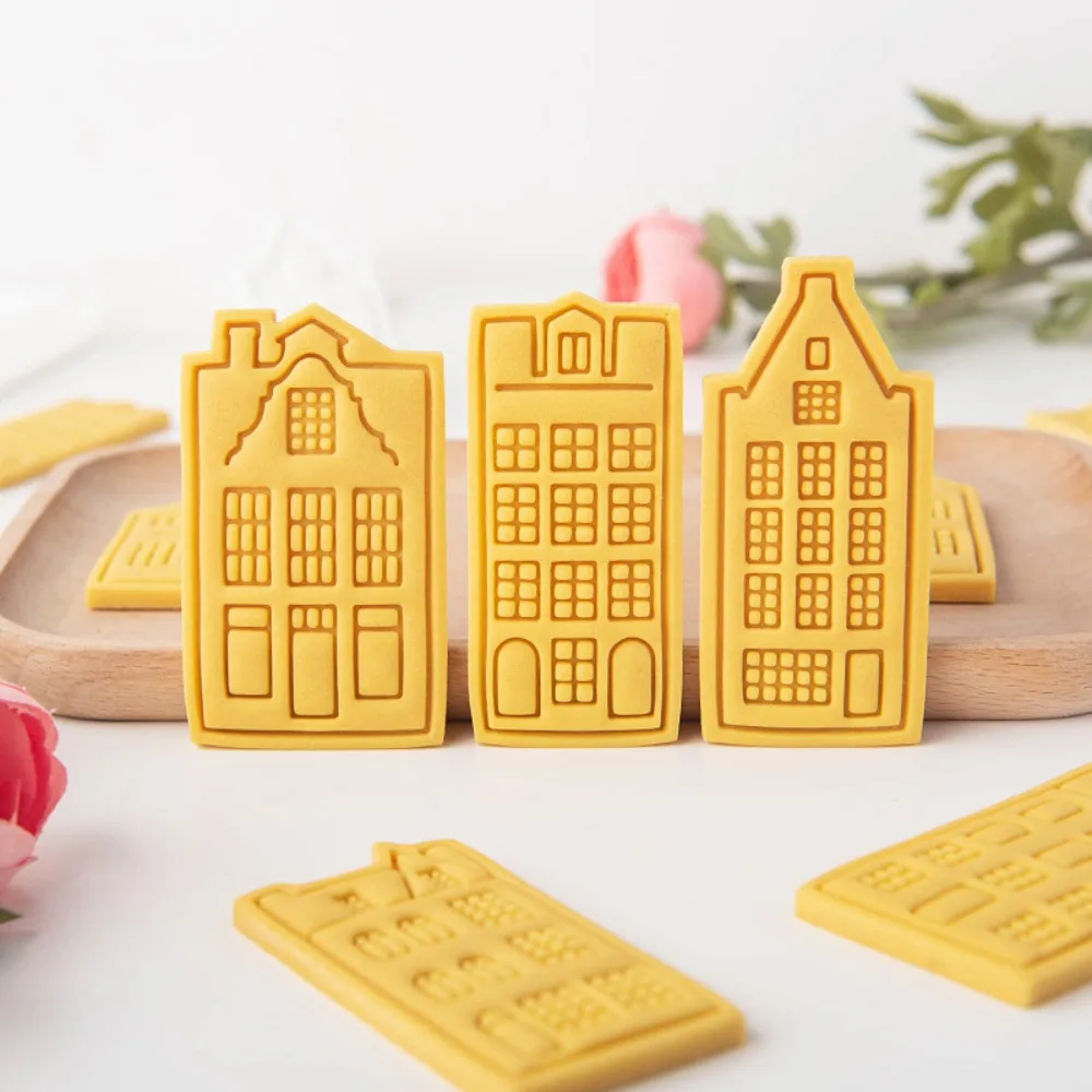 4Pcs Amsterdam House Cookie Cutters European Old Building Fondant Molds 3D Cookie Stamp Baking Tools For Christmas DIY  Cookie