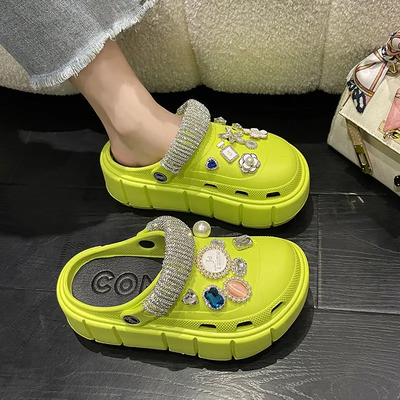 Bling Rhinestone DIY Decor Vented Clogs Women Fashion Slides Platfrom Outdoor Beach Sandals Summer Girls Street Slippers