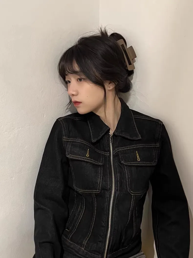 레트로 칼라 지퍼 데님 재킷 슬림 피트 짧은 카디건 여성 패션 가을 다목적 셔츠 슬리브 스타일 얇은 겉옷