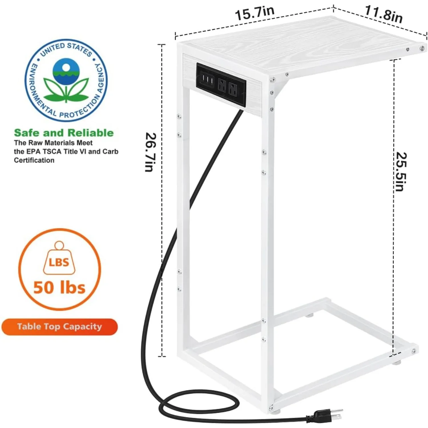 Tavolini di ricarica in 2 pezzi a forma di C con prese USB/alimentazione, mobili per divano scorrevole per soggiorno/camera da letto - Nero