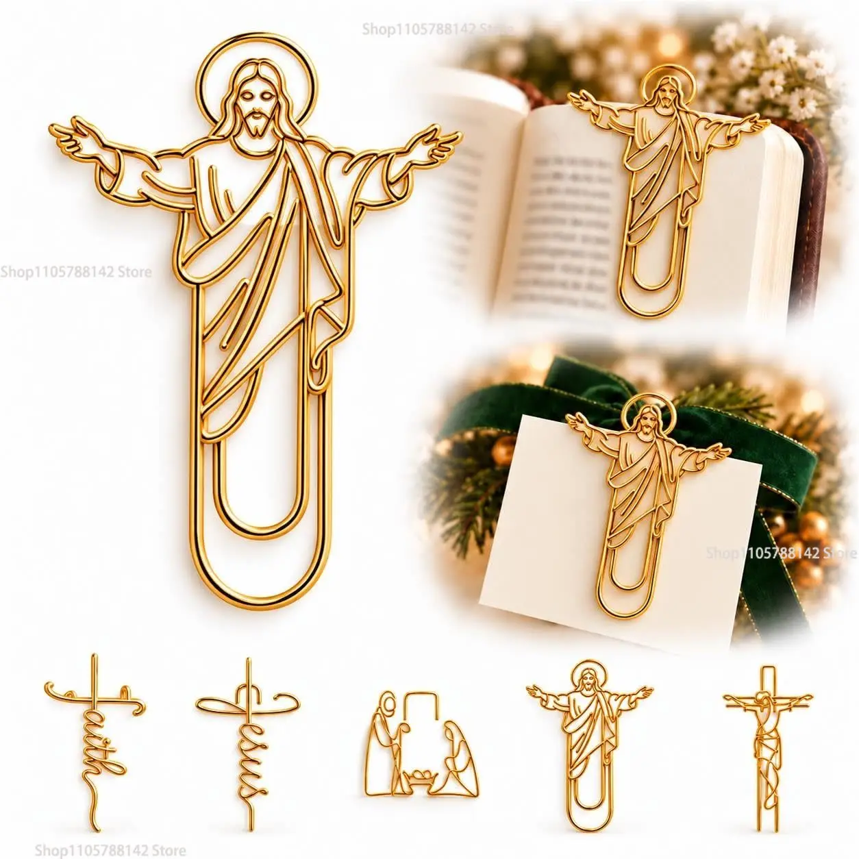 Juego de 5 clips dorados con motivos inspirados en la fe, marcapáginas cristianos con significado, clips decorativos con forma de cruz dorada para el estudio de la Biblia.