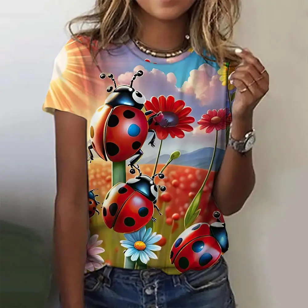 Ladybug Printing Women\'s T-Shirts Top Short Pullover Sleeved Fashion Street Round-Neck Tee Shirt Female Everyday Clothing Summer