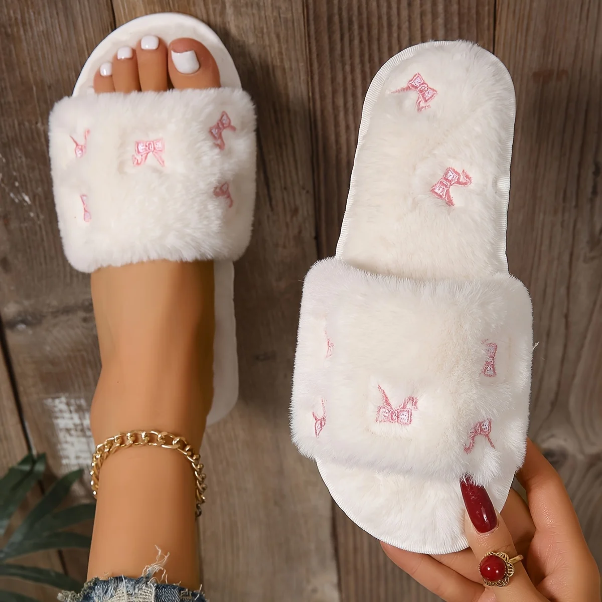 جديد المرأة الشتاء الصوف النعال الدافئة وهمية الأرنب الفراء داخلي مريح المطرزة القوس حذاء مسطح