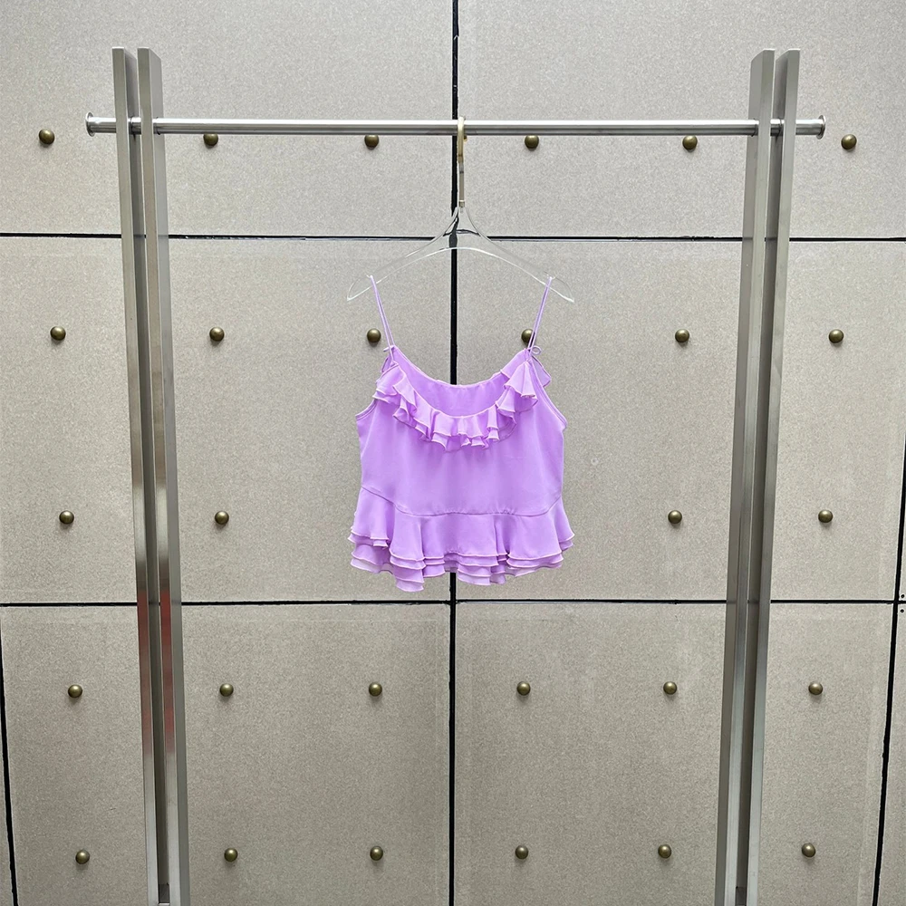 Women Purple Ruffle Camisole Top Elegant Layered Chiffon Sleeveless Crop Top Spaghetti Strap Flowy Summer Blouse 2026 New Y2k
