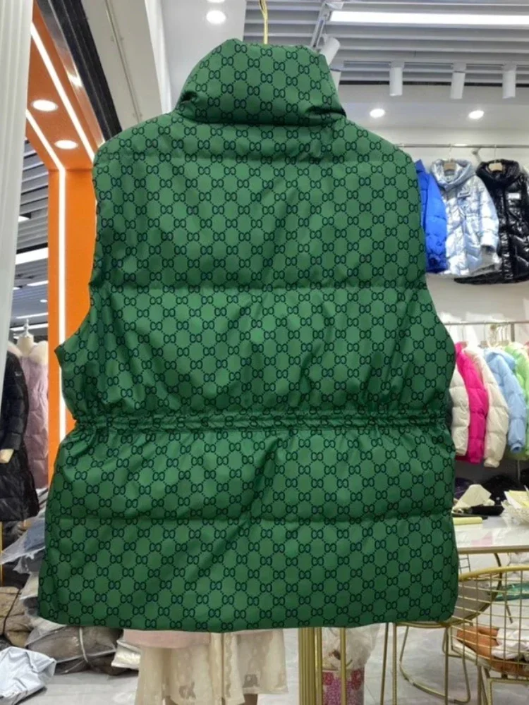 Retro Green Down Vest 2024 Winter New Collection Waist Pocket Splicing Loose Thick Polo Neck Short Lightweight Vests Women