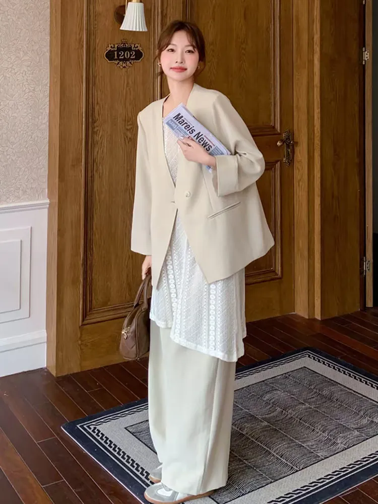 

Minimalist Style Women's Suit Set Pants Lace Hollow out Wide Leg Spring New Arrival Three Piece Set Casual Commute Fashion