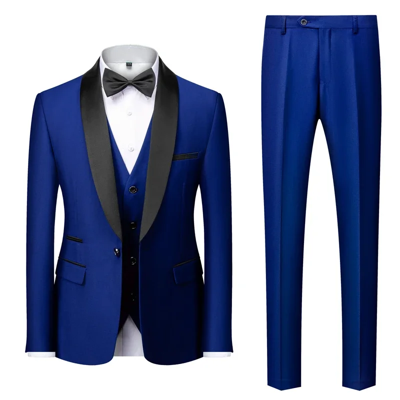 Male Business Casual Wedding Blazers Coat Vest Pants 3 Pieces Set Men Mariage Color Block Collar Suits Jacket Trousers Waistcoat