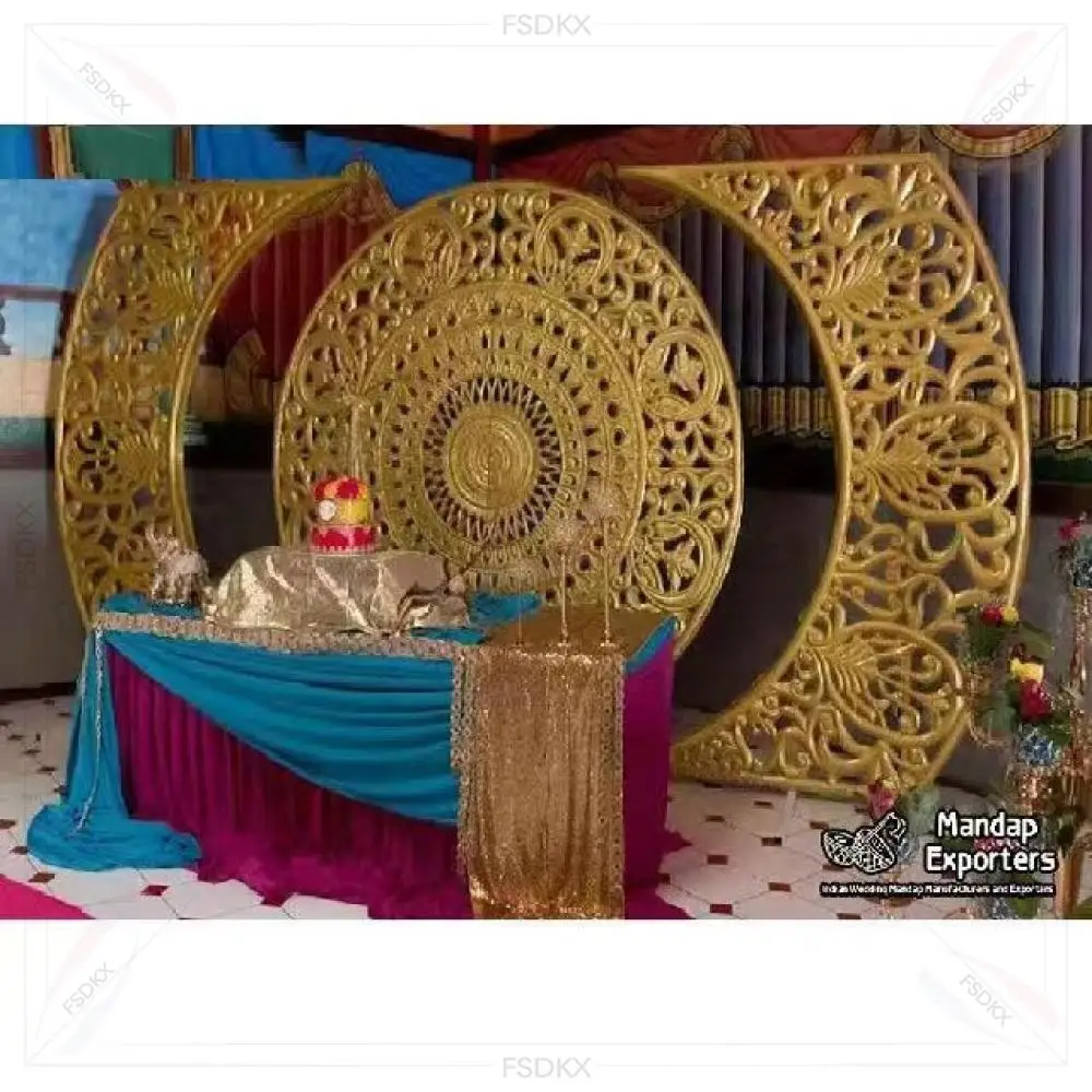 

Factory Customized Gold Pvc Stage Background Indian Hollow Style Arch Stand Backdrop for Wedding Party Decorations