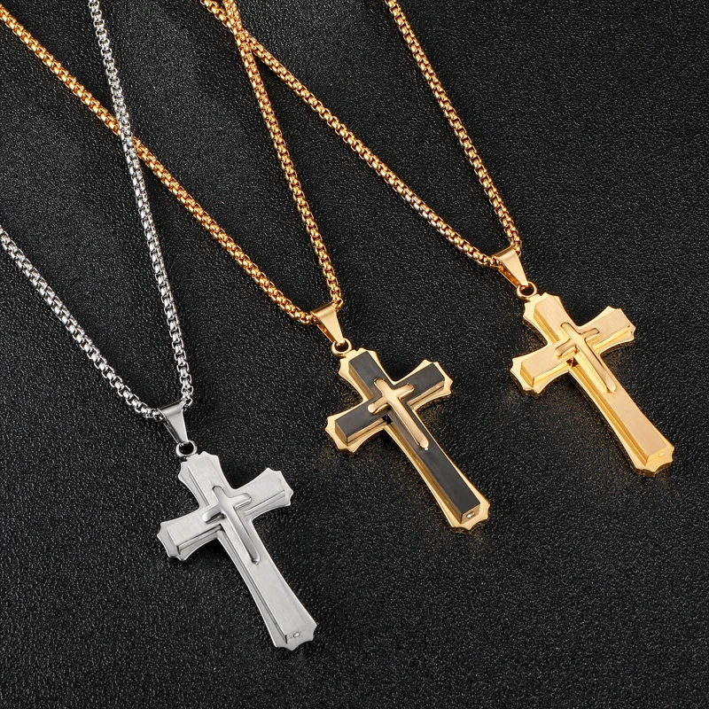 HIP Hop Stainless Steel Cross Necklace With 3mm Bead Chain Men Gold Color Pendants & Necklace For Women Men Jewelry