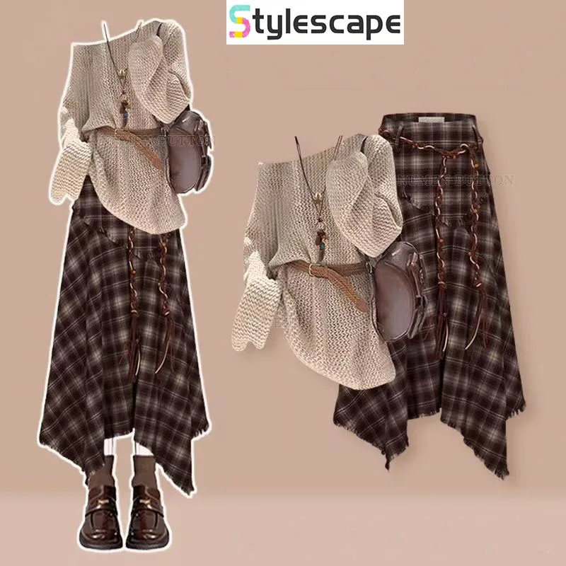 Autumn Retro Set Women's Off Shoulder Aging Knitted Shirt Paired with High Waist Checkered Skirt Two Piece Setbaddie 2 Piece Set