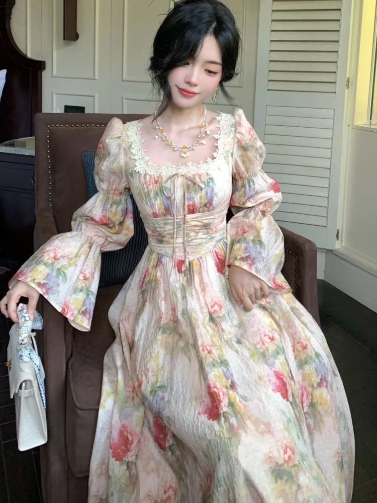 French Printed Floral Midi Long Dress Women Autumn Square Collar Lantern Sleeve Lace-up Midi Vestidos Elegant One Piece Clothing